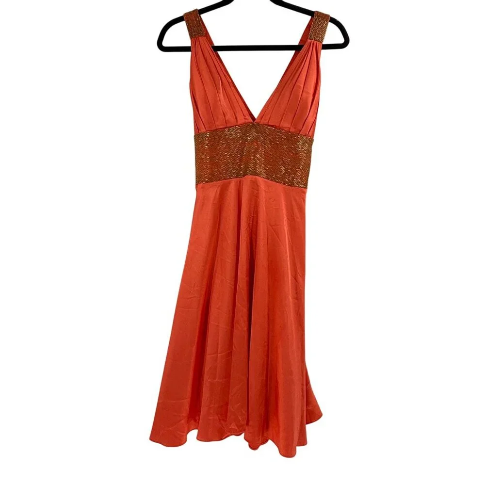Dave & Johnny By Laura Ryner Coral Halter Dress S Polyester & Spandex V-Neck Bea - Picture 2 of 9